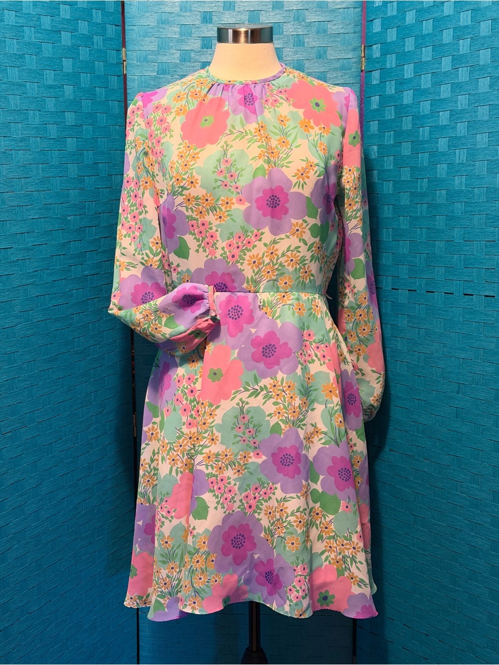 Vintage St. Michael 60s 70s Mod Flower Dress Long Sleeve Pastel Multi